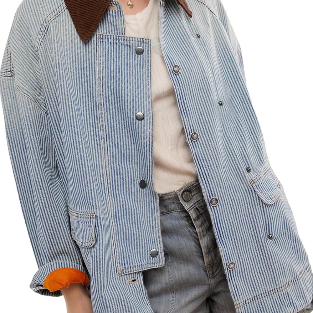 NWT - Women's Oversized Barn Coat - Railroad Striped Long Sleeve Denim Jacket